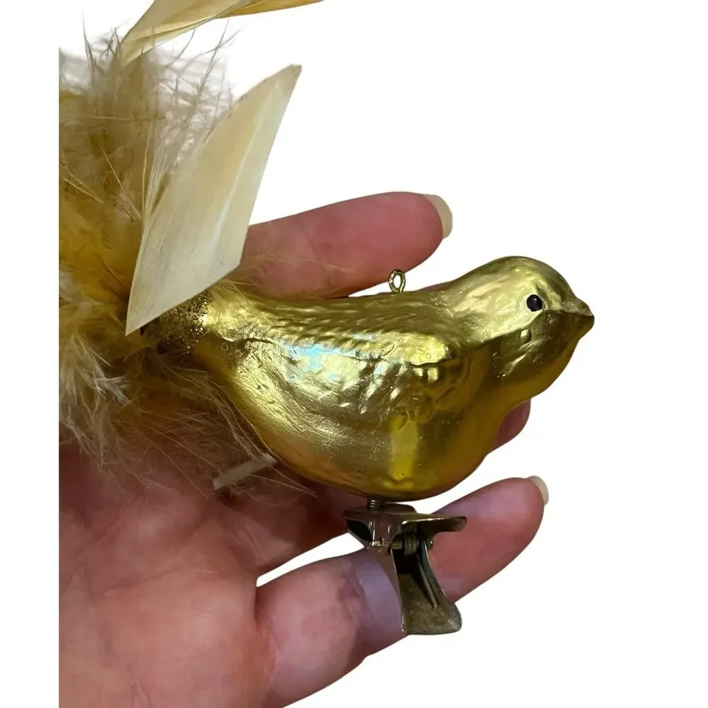 Lot Of 2 Glass Clip On Birds Christmas Ornaments Feather Tails Silver Gold